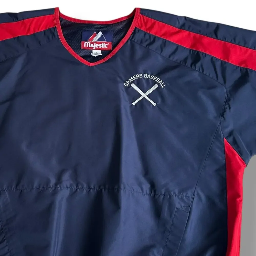 Vtg Majestic Baseball Top Warm Up Pullover Gamers Short Sleeved Blue Red Size L